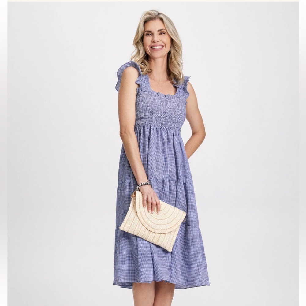 London Times Ruffled Sleeveless Smocked Midi Dress Gingham Blue